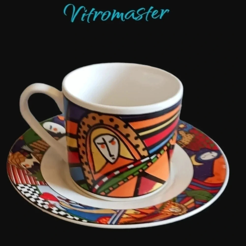 Sakura Vitromaster set of cup & saucer brightly colors art deco style